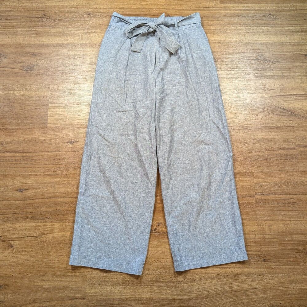 Uniqlo Wide Leg Pants Women’s L Blue Linen Blend High Rise Twill Belted